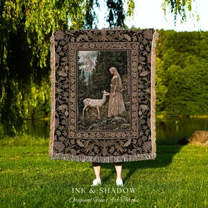 Whimsy Woodland Goddess Throw Blanket | Elegant Fairytale Tapestry Woven Wall Art Victorian Botanical Princess Mystic Deer Forest Spirit Art