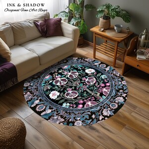 Enchanted Floral Pomegranate Rug Whimsigothic Botanical Witch Cottagecore Decor, Witchy Dark Academia Indigo Blue Forestcore Art Nouveau Rug imagem 19