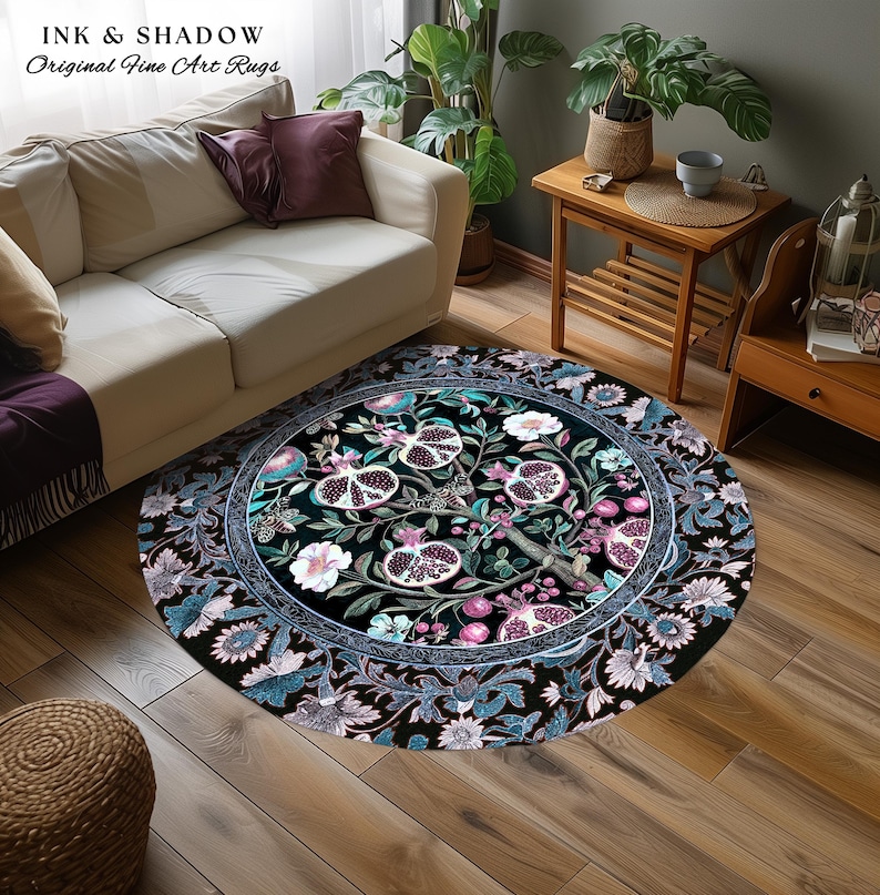 Enchanted Floral Pomegranate Rug Whimsigothic Botanical Witch Cottagecore Decor, Witchy Dark Academia Indigo Blue Forestcore Art Nouveau Rug imagem 19