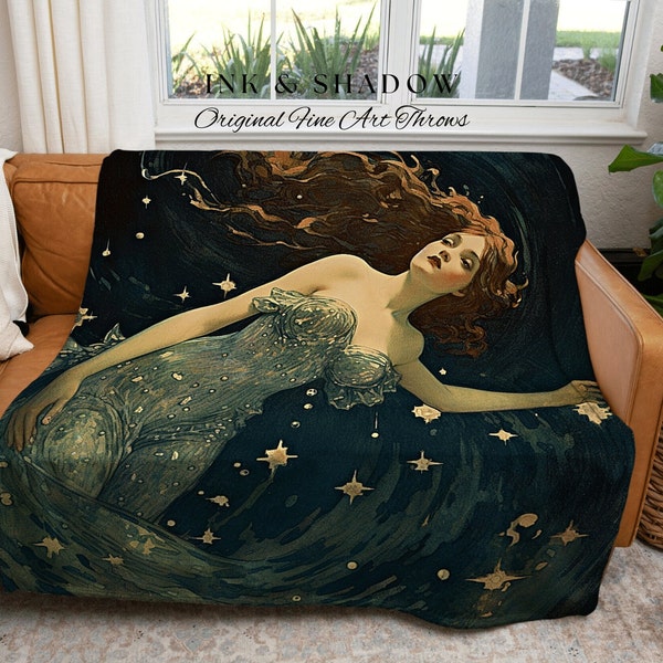 Vintage Fairy Celestial Blanket | Fairy Aesthetic Celestial Wall Art Cottagecore Decor Art Nouveau Tapestry Woven Blanket Fairycore Decor |