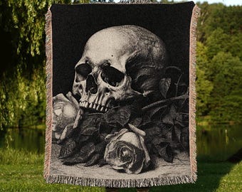 Gothic Room Decor Skull Tapestry Woven Wall Hanging | Gothic Renaissance Blanket Woven | Whimsigoth Room Decor Dark Floral Aesthetic Blanket
