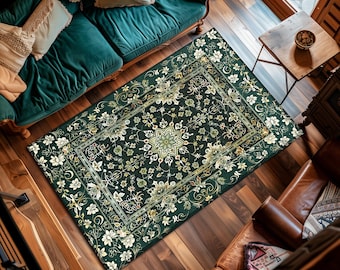 Moody Emerald Green Area Rug | Persian Green Floor Rug Ornate Rug