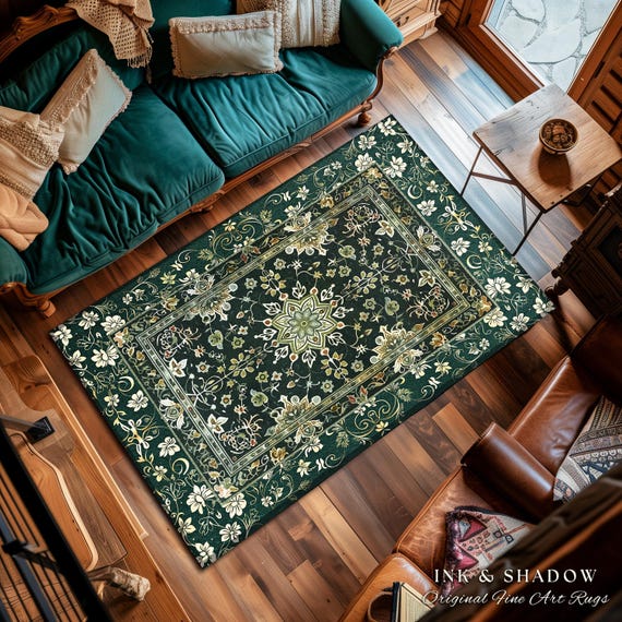 Moody Emerald Green Area Rug | Persian Green Floor Rug Ornate Rug