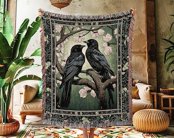 Gothic Black Raven Blanket Crow Woodland Fairycore Aesthetic Bird Art Tapestry Woven Throw Dark Cottagecore Floral Crowcore Whimsigoth Gift