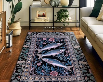 Ornate Coastal Fish Area Rug | Jacquard Home Accent Folk Botanical Sardine Design Vintage-Inspired Nautical Decor Eclectic Bedroom Accent |