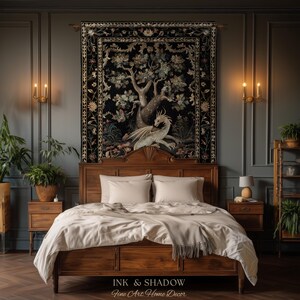May include: A rectangular wall tapestry featuring a detailed illustration of a dragon resting beneath a large tree against a black background, framed by a floral border. The text INK & SHADOW Fine Art Home Decor is printed at the bottom.
