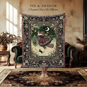 Snowy Magic Celestial Witch Blanket | Gothic Magic Black Cat Woven Tapestry Broomstick Ride Moon Stars Botanical Frame Mystical Folklore Art immagine 7