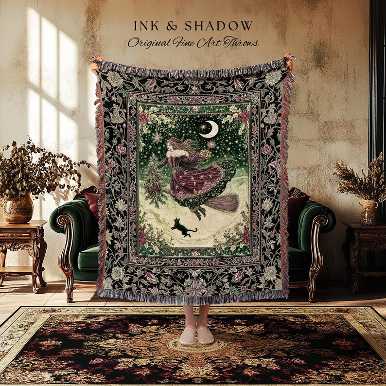 Snowy Magic Celestial Witch Blanket | Gothic Magic Black Cat Woven Tapestry Broomstick Ride Moon Stars Botanical Frame Mystical Folklore Art immagine 7