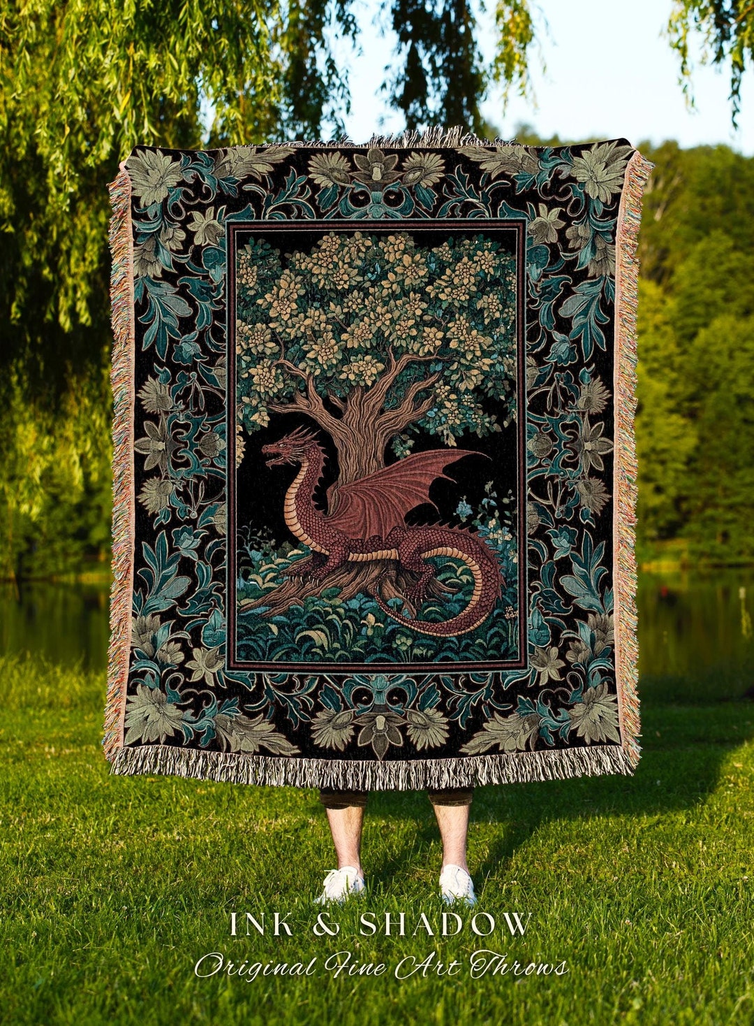 Middle Ages Woven Dragon Tapestry Mythical Creatures Woodland