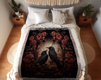Dark Gothic Room Decor Raven Tapestry Vintage Blanket Woven | Crow Decor Dark Cottagecore Tapestry Woven Throw Blanket Whimsigoth Tapestry |
