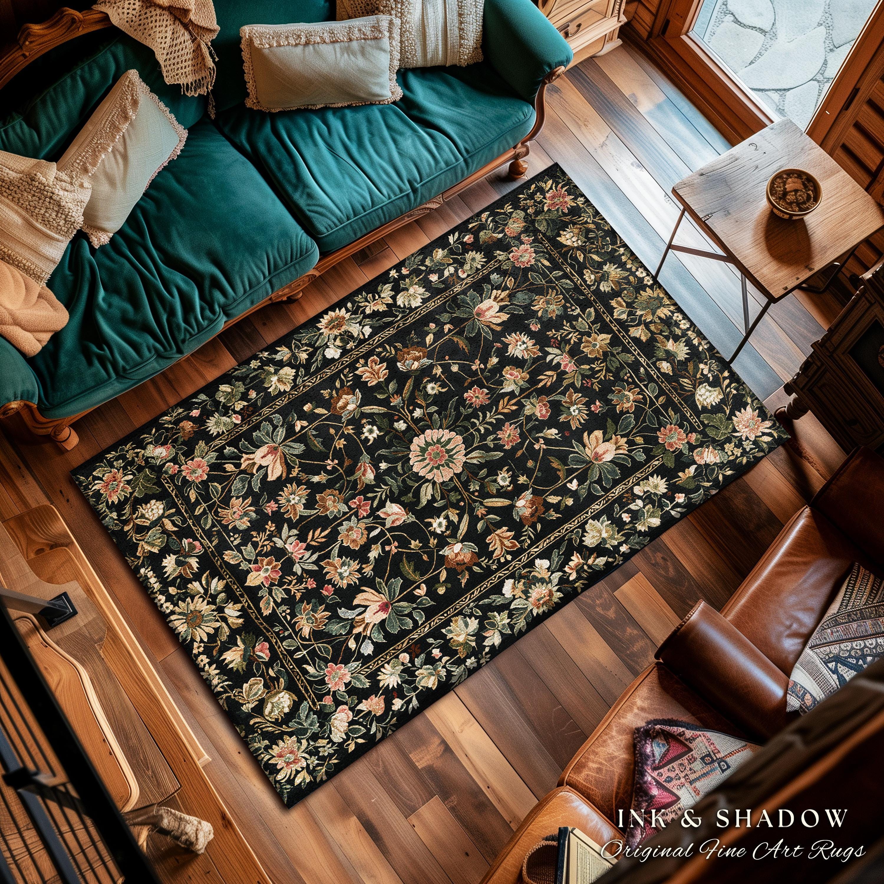 Victorian Folk Art Floral Rose Garden Rug | Dark Cottagecore