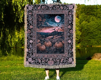 Whimsigothic Raven Full Moon Pumpkins Woven Throw | Dreamy Aesthetic Fall Vibes Witchy Dark Academia Tapestry Baroque Spooky Season Decor