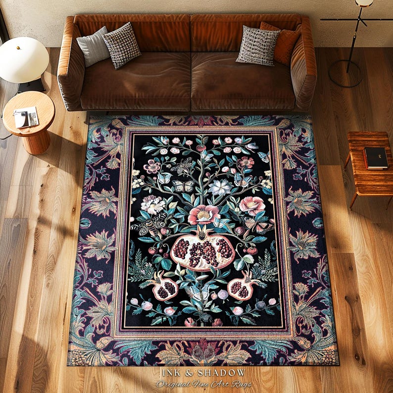 Witchy Dark Academia Pomegranate Rug Whimsigothic Floral Home Decor, Enchanted Woodland Cottagecore Botanical Victorian Gothic Nature Accent image 8