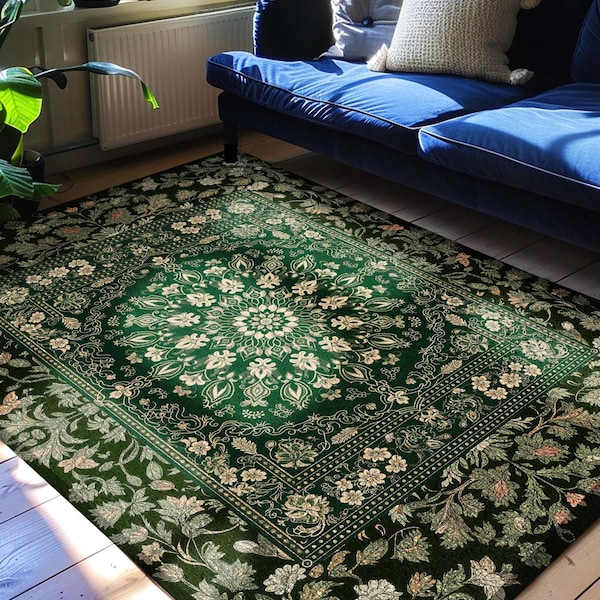 Mystic Dark Green Ornate Area Rug | Traditional Design Accent Rug Deep Emerald Living Room Baroque Gothic Dark Mystic Bedroom Decor Boho |