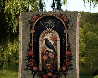 Macacre Room Decor Dark Academia Tapestry Dark Cottagecore | Vintage Occult Tapestry Raven Home Decor | Dark Floral Aesthetic Decor Witchy |