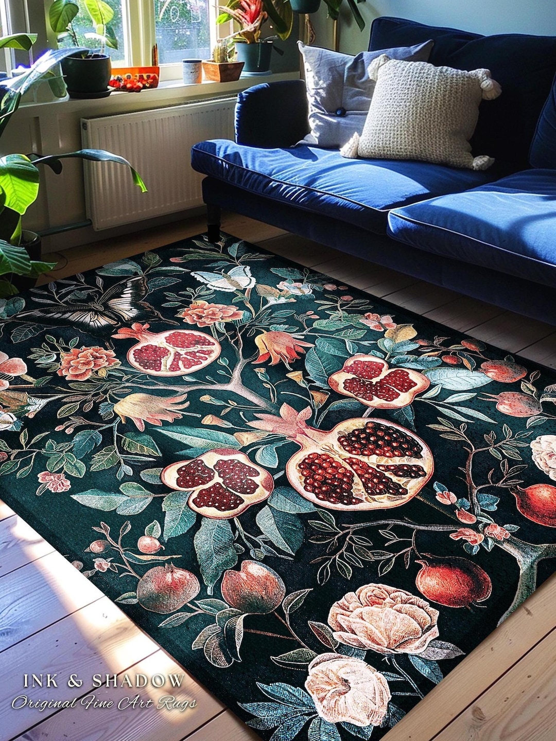 Vintage Pomegranate Floral Whimsigoth Rug Enchanted Botanical