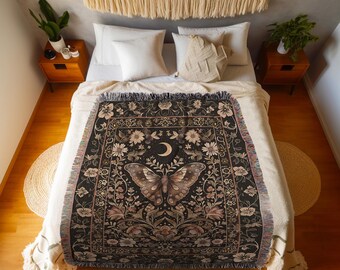 Whimsical Moth Blanket Soft Cottagecore Rustic Decor, Mystic Floral Butterfly Art Tapestry Throw Bohemian Fairycore Gift for New Homeowner