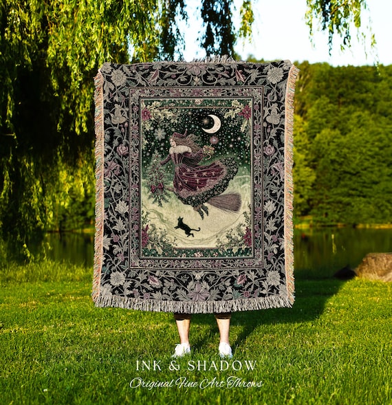 Snowy Magic Celestial Witch Blanket | Gothic Magic Black Cat Woven Tapestry Broomstick Ride Moon Stars Botanical Frame Mystical Folklore Art