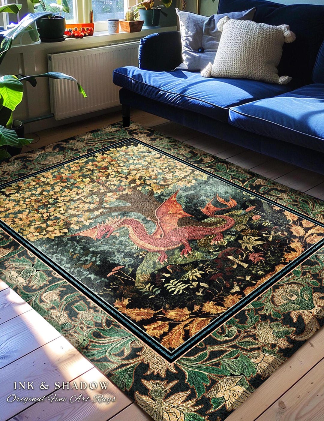 Moody Maximalist Dragon Area Rug | Dark Floral Cottagecore Home Accent ...