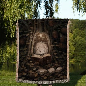 Hedge Hog Book Nook Blanket | Forestcore Dark Woodland Cottagecore Tapestry Woven Mystical Bookish Gift for Reader Cozy Throw Hedgehog Lover image 7