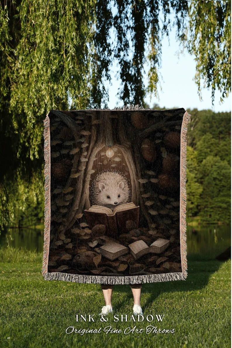 Hedge Hog Book Nook Blanket | Forestcore Dark Woodland Cottagecore Tapestry Woven Mystical Bookish Gift for Reader Cozy Throw Hedgehog Lover image 7