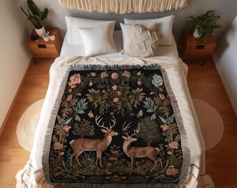 Dark Cottagecore Deer Tapestry | Folklore Aesthetic Blanket Woven William Morris Throw Dark Cottagecore Gothic Fairycore Deer Bedding Dark