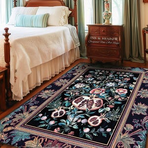 Witchy Dark Academia Pomegranate Rug Whimsigothic Floral Home Decor, Enchanted Woodland Cottagecore Botanical Victorian Gothic Nature Accent image 1