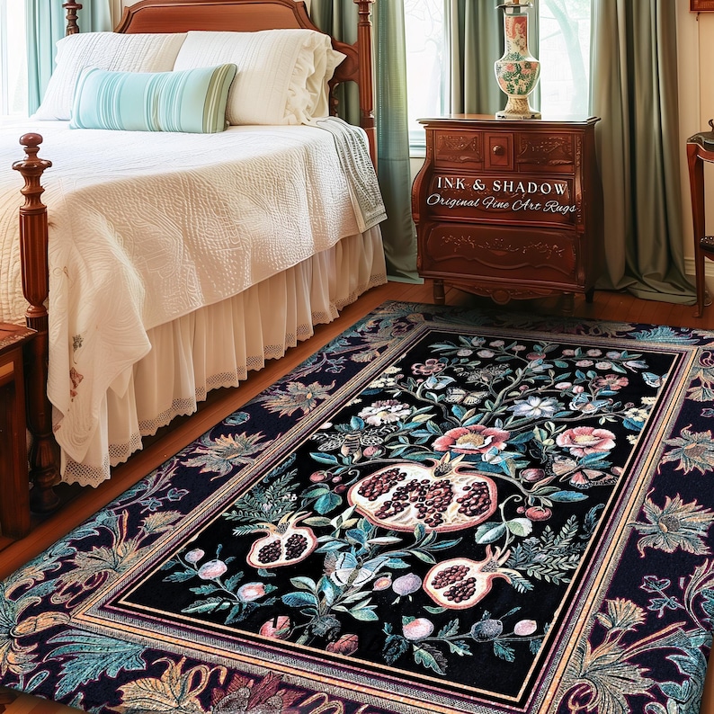 Witchy Dark Academia Pomegranate Rug Whimsigothic Floral Home Decor, Enchanted Woodland Cottagecore Botanical Victorian Gothic Nature Accent image 1