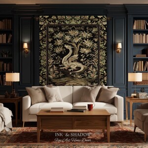May include: A rectangular wall tapestry featuring a central white dragon illustration surrounded by a detailed floral and vine border in muted earth tones on a black background, with the text INK & SHADOW Fine Art Home Decor printed below.