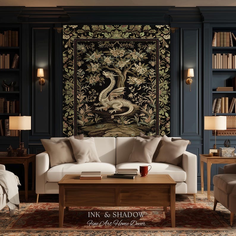 May include: A rectangular wall tapestry featuring a central white dragon illustration surrounded by a detailed floral and vine border in muted earth tones on a black background, with the text INK & SHADOW Fine Art Home Decor printed below.