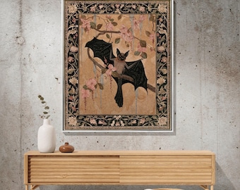 Crowcore Woven Bat Tapestry | Dark Floral Cottagecore Tapestry Crowcore Wall Art Bedroom Decor Astrology Bat Colorful Wall Art Victorian |