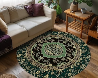 Dark Academia Emerald Round Statement Rug | Reading Nook Cozy Floor Rug Ornate Rug with Blue Green Detail Cottagecore Victorian Gothic Decor