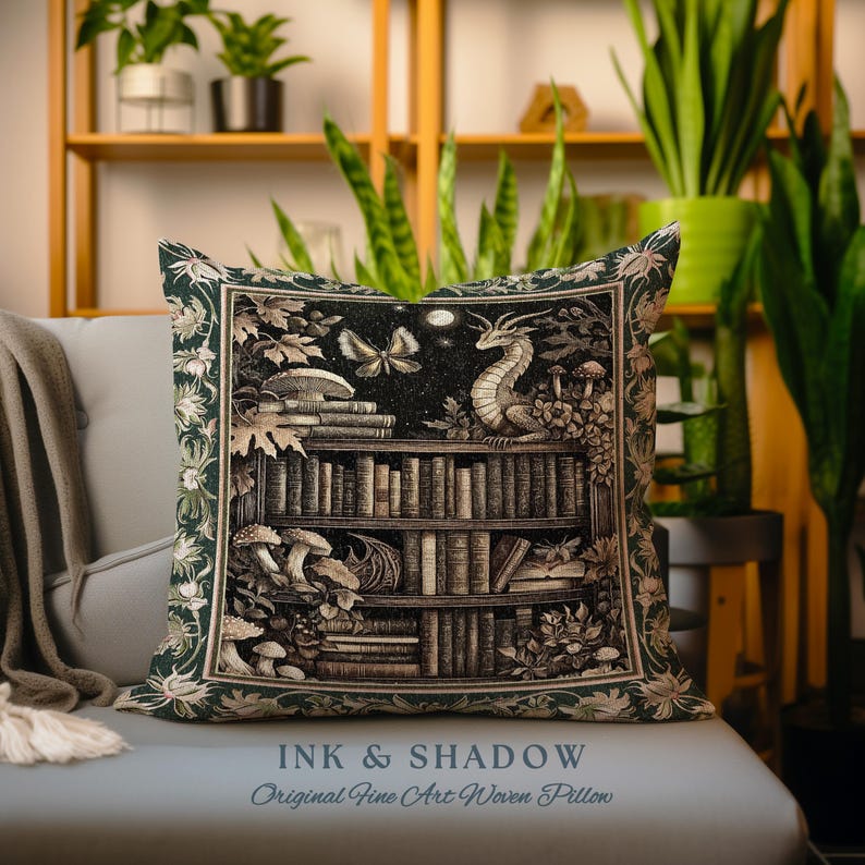 May include: A green and gold woven pillow with a dragon perched on a bookshelf filled with books. The pillow features a dark background with a moon and stars. The text "INK & SHADOW Original Fine Art Woven Pillow" is printed on the bottom of the pillow.