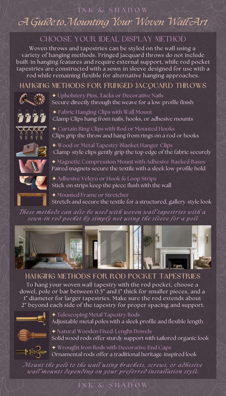 May include: A guide to mounting woven wall art. The image details various hanging methods for tapestries, including pins, clips, rods, and frames. It provides instructions for both fringed jacquard throws and rod pocket tapestries, with measurement suggestions in inches.