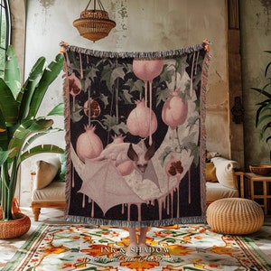 Pastel Pink Bat Blanket Woven Tapestry Cottagecore Decor | Pastel Goth Tapestry Pink Bedroom Decor Fruit Bat Pink Pastel Wall Art Whimsical
