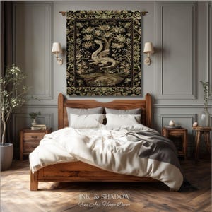 May include: A rectangular wall tapestry featuring a central illustration of a white dragon standing beneath a large tree with flowers. The design is set against a black background with a decorative floral border in shades of gold, green, and cream.
