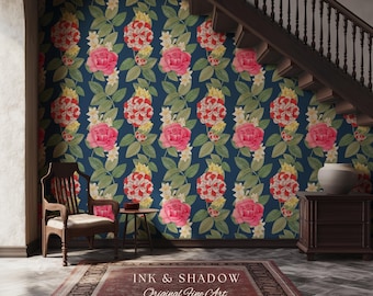 High Contrast Floral Stripe Wallpaper | Vertical Botanical Statement Wall Bold Bedroom Accent Renter Friendly Home Decor Roses Navy Blue