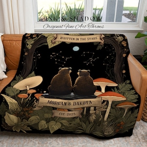 Couples Constellation Blanket Custom | Cottagecore Wedding Couple Woven Throw Bear Blanket Couples Astrology Personalized Throw Woodland |
