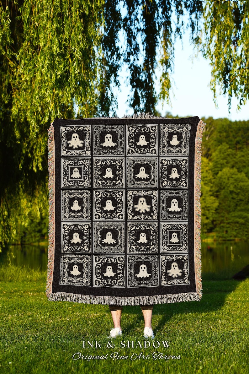 Witchy Throw Blanket Ghost Lover Cute | Whimsigoth Home Decor Fall Vibes Cozy Home Accent Dark Academia Aesthetic Tapestry Ghost Lover Gift image 9