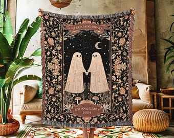 Celestial Ghost Couple Anniversary Blanket | Kindred Spirits Personalized Gothic Wedding Blanket Woven Ghost Gifts His & Hers Custom Gifts |