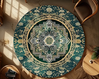 Gothic Maximalist Round Accent Rug | Forest Green Floor Rug Ornate Rug With Blue Green Detail Cottagecore Victorian Gothic Aesthetic Teal |