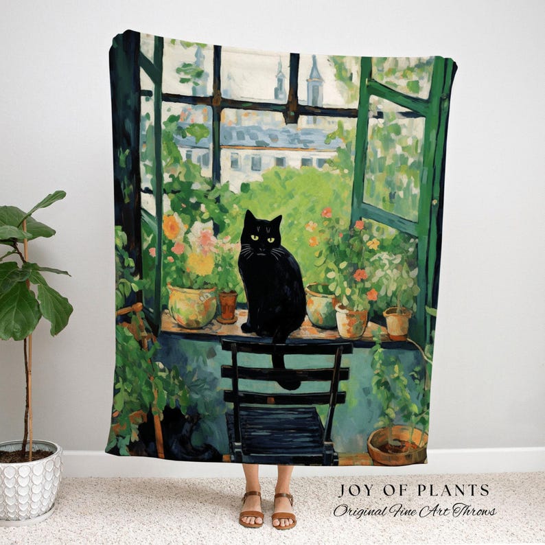 Cat Tapestry Botanical Blanket Woven Throw | Black Cat Painting Wall Art Pastel Decor Indie Aesthetic Dorm Room Tapestry Blanket Cute Cat zdjęcie 6