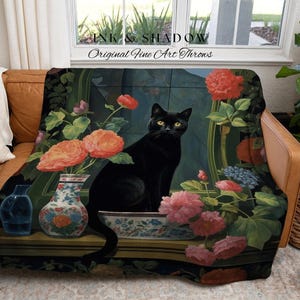 Floral Cat Blanket Woven Tapestry Gothic Decor | Dark Floral Black Cat Woven Blanket Fine Art Wall Art Funny Tapestry Whimsigoth Room Decor image 7