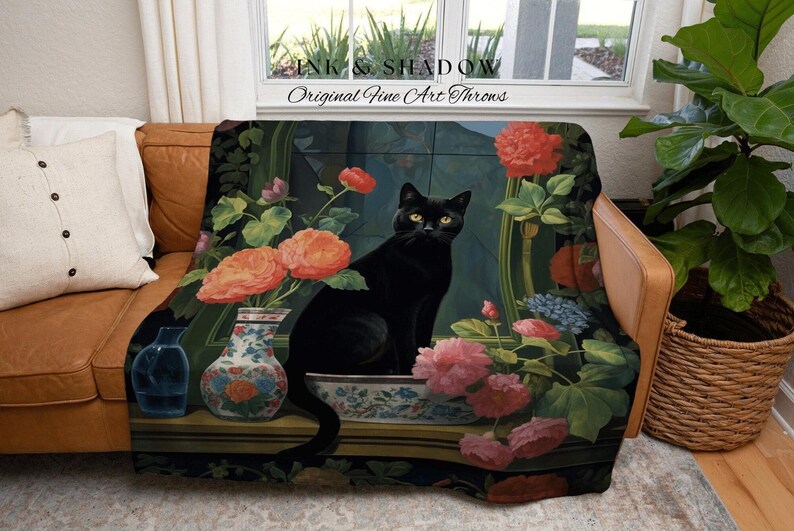Floral Cat Blanket Woven Tapestry Gothic Decor | Dark Floral Black Cat Woven Blanket Fine Art Wall Art Funny Tapestry Whimsigoth Room Decor image 7