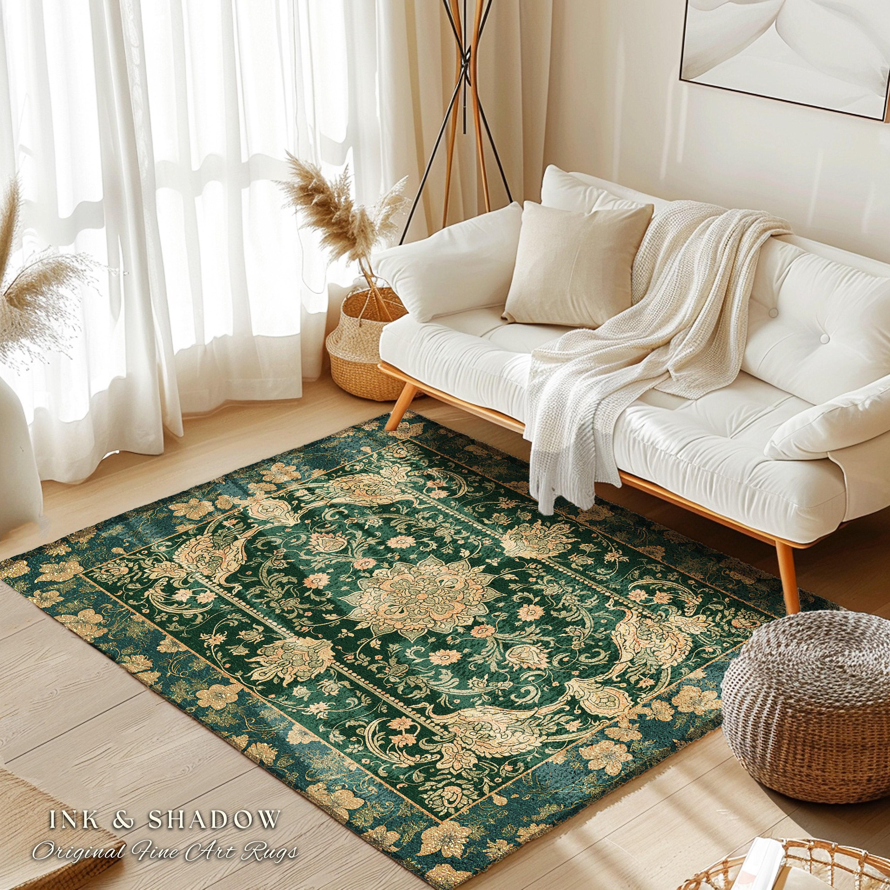 Victorian Botanical Medallion Emerald Green Rug Antique Rose Gold