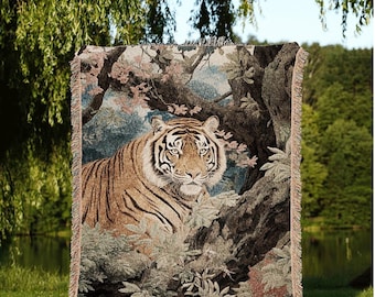 Vintage Tiger Blanket Woven Tapestry | Gothic Renaissance Blanket Woven Blanket Jungle Cat | Whimsigoth Room Decor Jungle Aesthetic Blanket