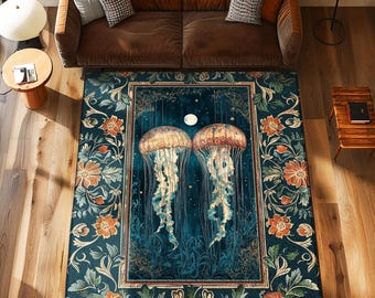 Deep Sea Wonders Jellyfish Rug | Floral Botanical Ocean Lover Rug