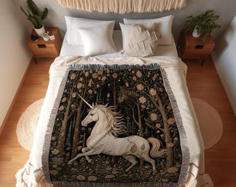 Vintage Medieval Unicorn Blanket | Woven Tapestry Medieval Room Decor Cottagecore Art Fairycore Aesthetic Room Decor Mystic Tapestry Unicorn