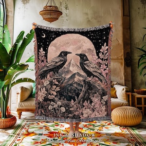 Mauve Pink Raven Tapestry Throw Ethereal Mountain Full Moon Celestial Cottagecore, Pastel Gothic Woodland Whimsy Crowcore Fairy Grunge Art