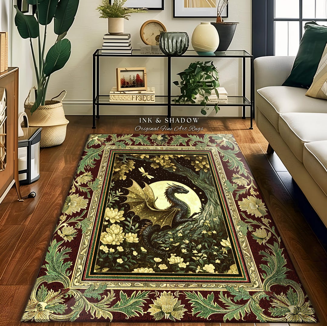 Fantasy Rug Collection Woodland Gothic Dragon Area Rug Mystical Forest Green Full Moon ...